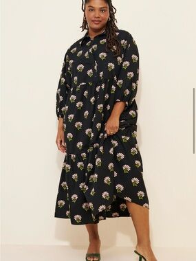 Maeve Bettina Tiered Shirt Dress - Black Maxi Dress Pink & Green Floral Print